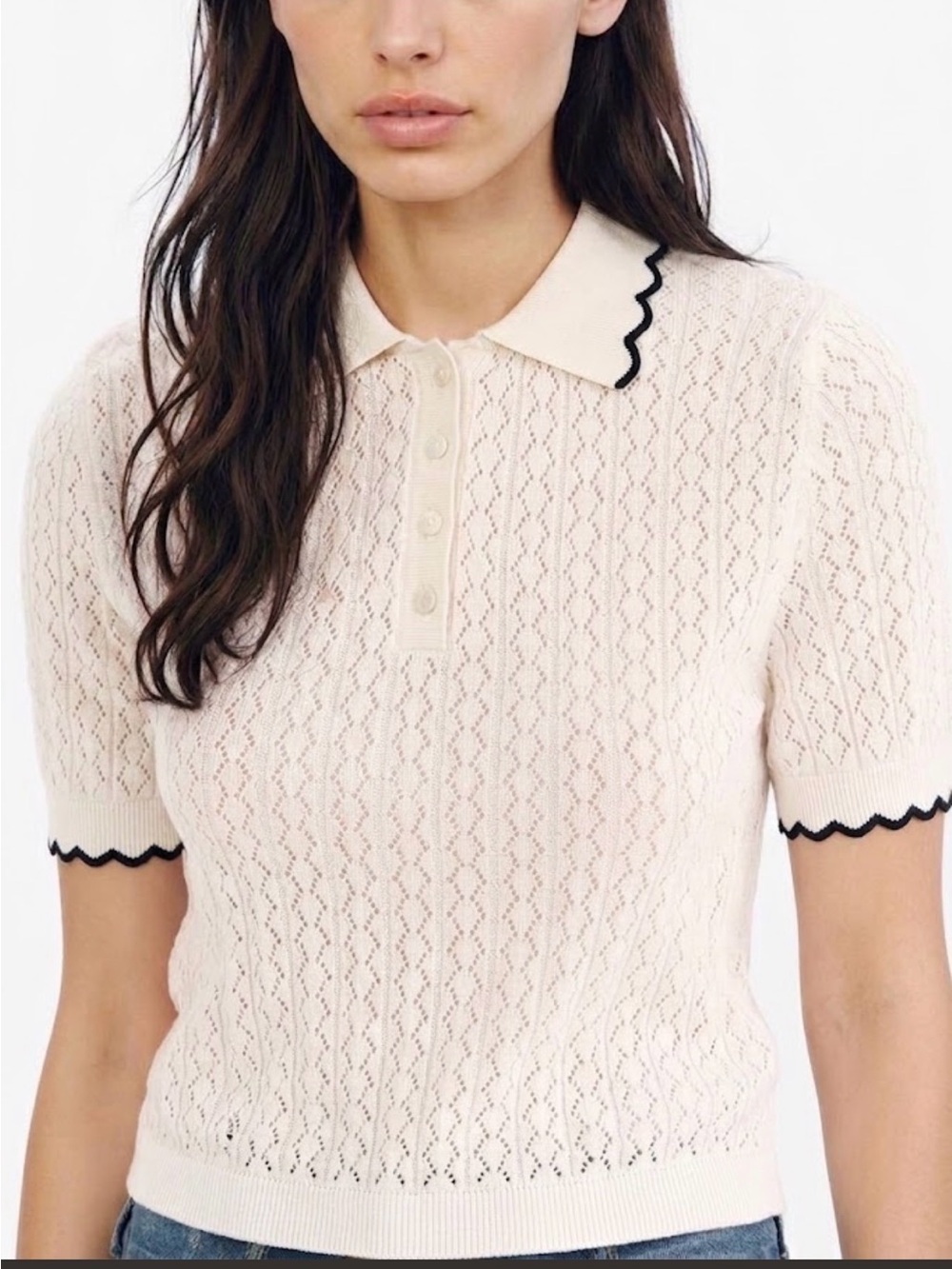 Adrianna Papell Cream Short-Sleeve Knit Polo with Black Trim